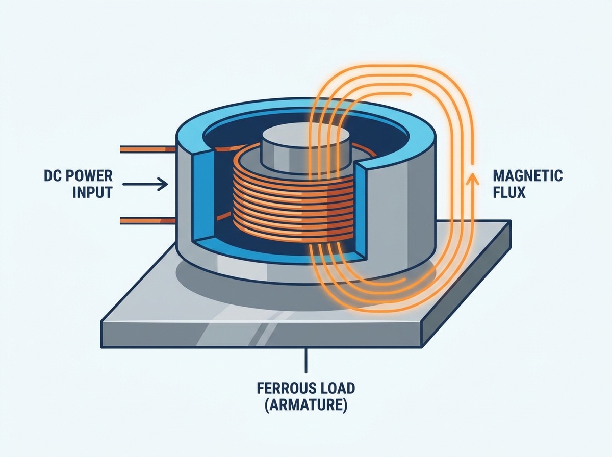Industrieller Elektromagnet zum Heben schwerer Stahllasten in einer Fabrikumgebung